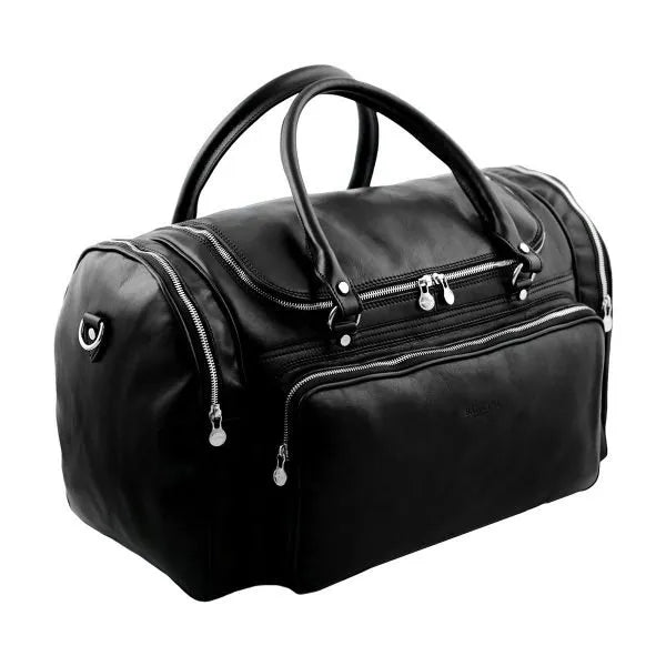 Praga Black Leather Travel Duffle Bag – Elegant and Spacious