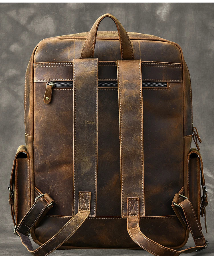 Vintage Men's Backpack in Genuine Crazy Horse Leather – Large Capacity with 17" Laptop Compartment