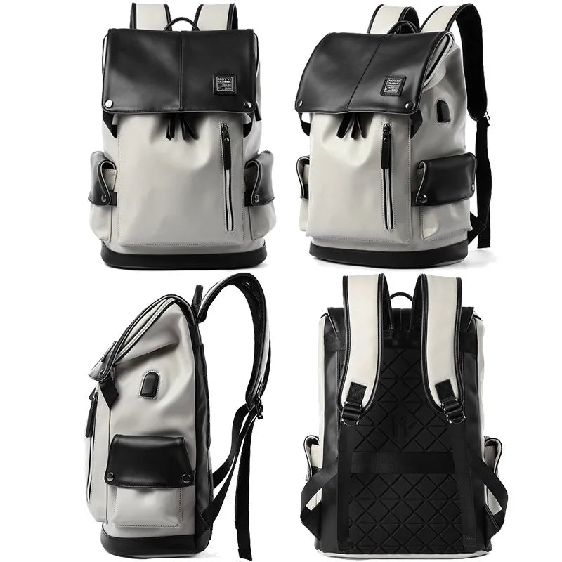 Men’s High-Quality Leather Backpack with USB Charging Port – Waterproof, Large Capacity for 15.6" Laptop
