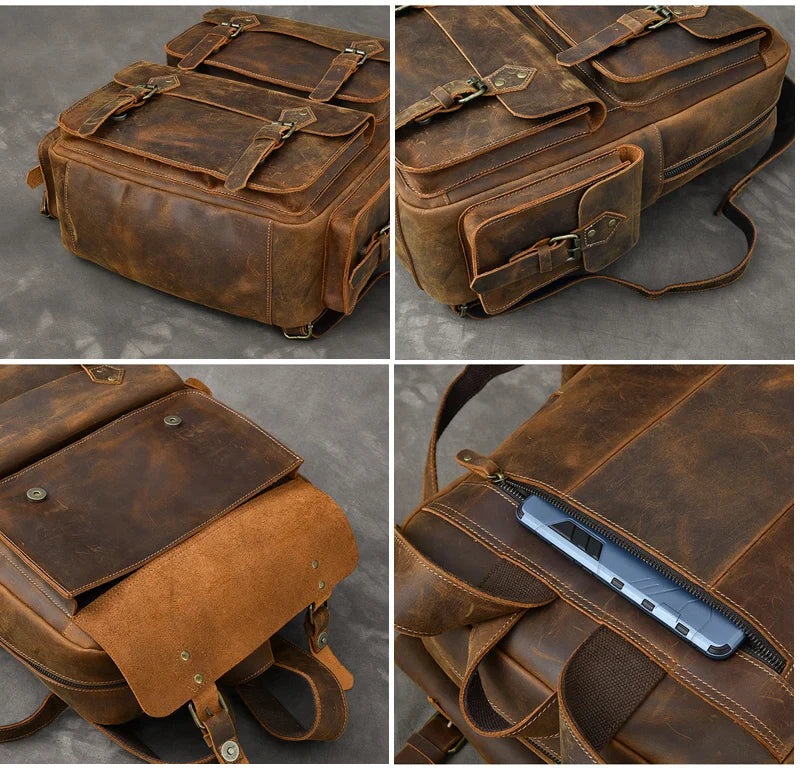 Vintage Men's Backpack in Genuine Crazy Horse Leather – Large Capacity with 17" Laptop Compartment