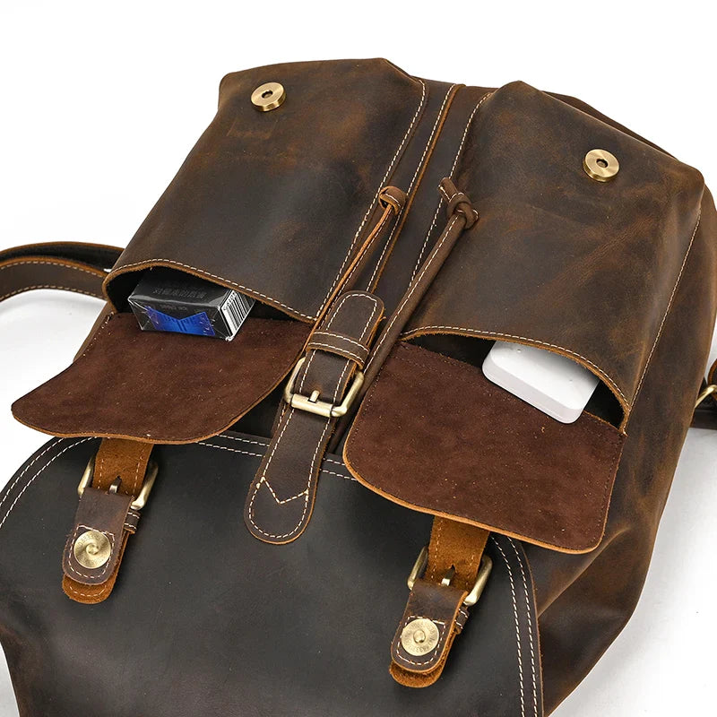 Men’s Vintage Crazy Horse Leather Backpack – Large Capacity for Travel, School & Daily Use