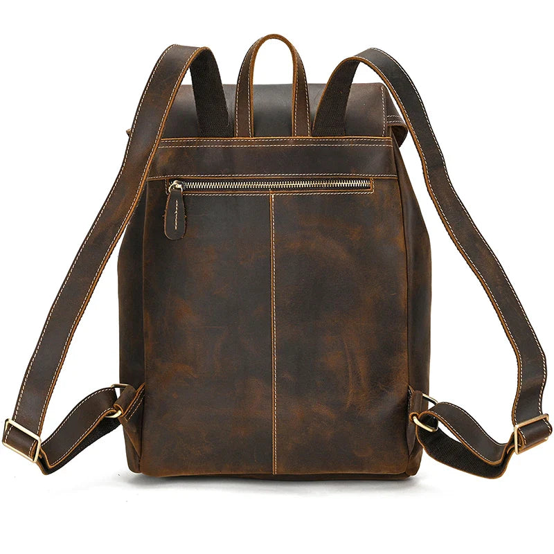 Men’s Vintage Crazy Horse Leather Backpack – Large Capacity for Travel, School & Daily Use