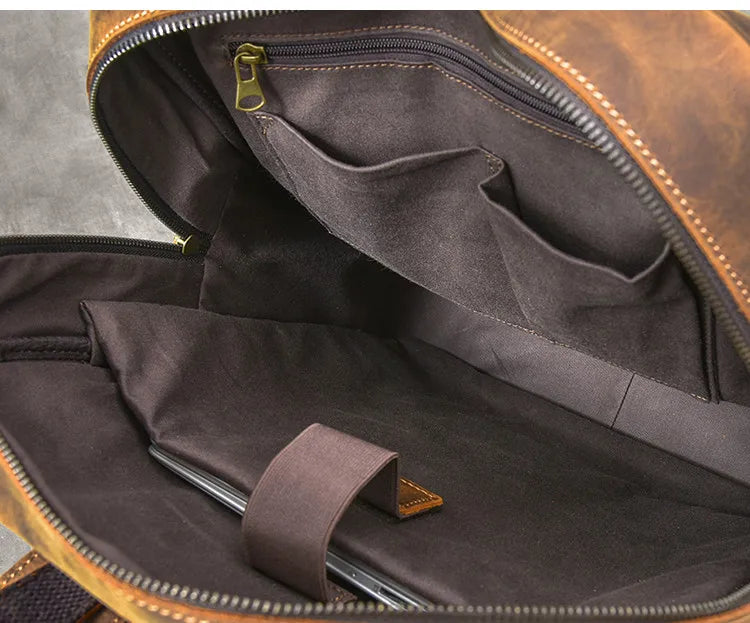 Vintage Men's Backpack in Genuine Crazy Horse Leather – Large Capacity with 17" Laptop Compartment
