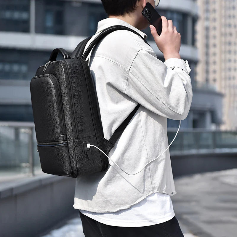 Men’s Leather Backpack with USB Port – Elegant and Functional for Office, Travel, and Laptop