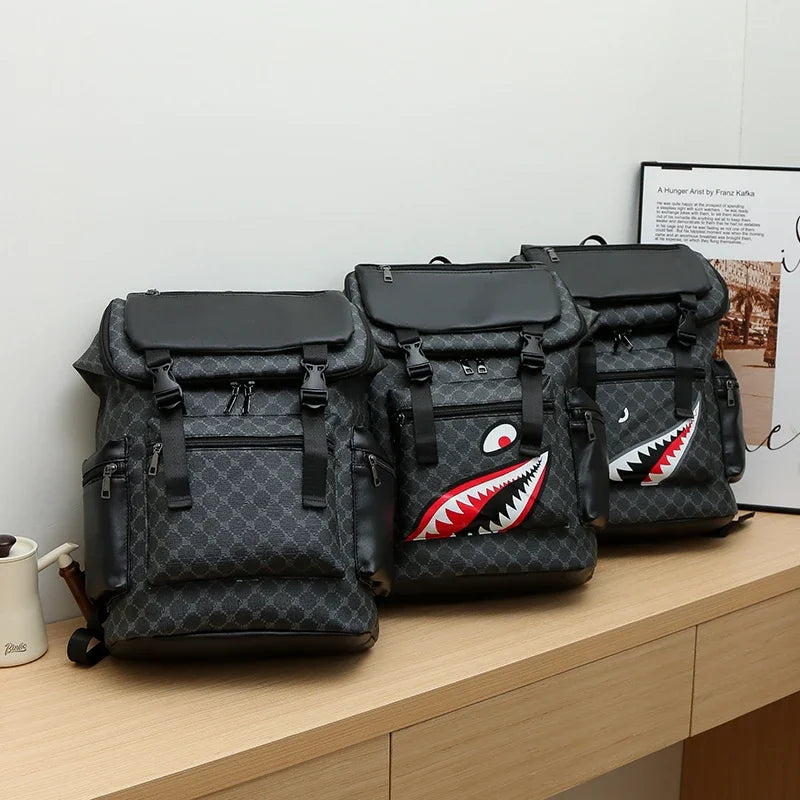 Men’s Leather Backpack with Shark-Inspired Design – Large Capacity for Students and Travelers