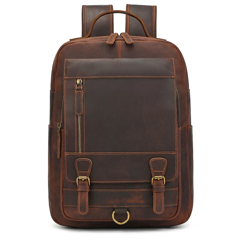 Men’s Genuine Crazy Horse Leather Backpack – Large Capacity with Laptop Compartment up to 18"