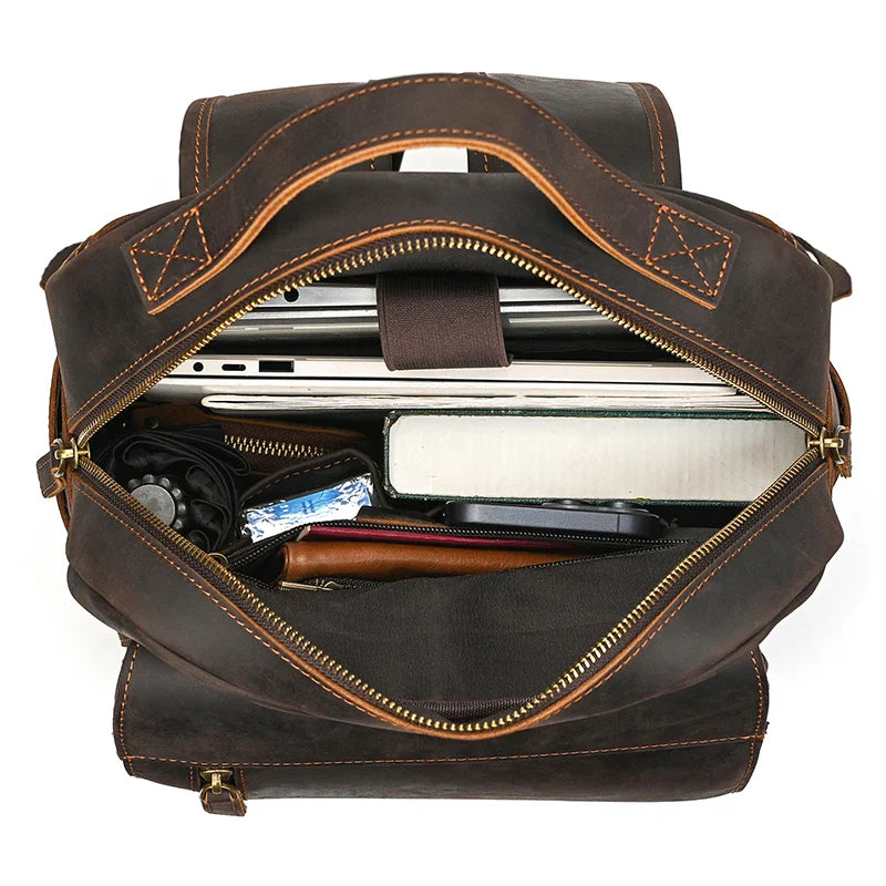 Men’s Genuine Crazy Horse Leather Backpack – Large Capacity with Laptop Compartment up to 18"