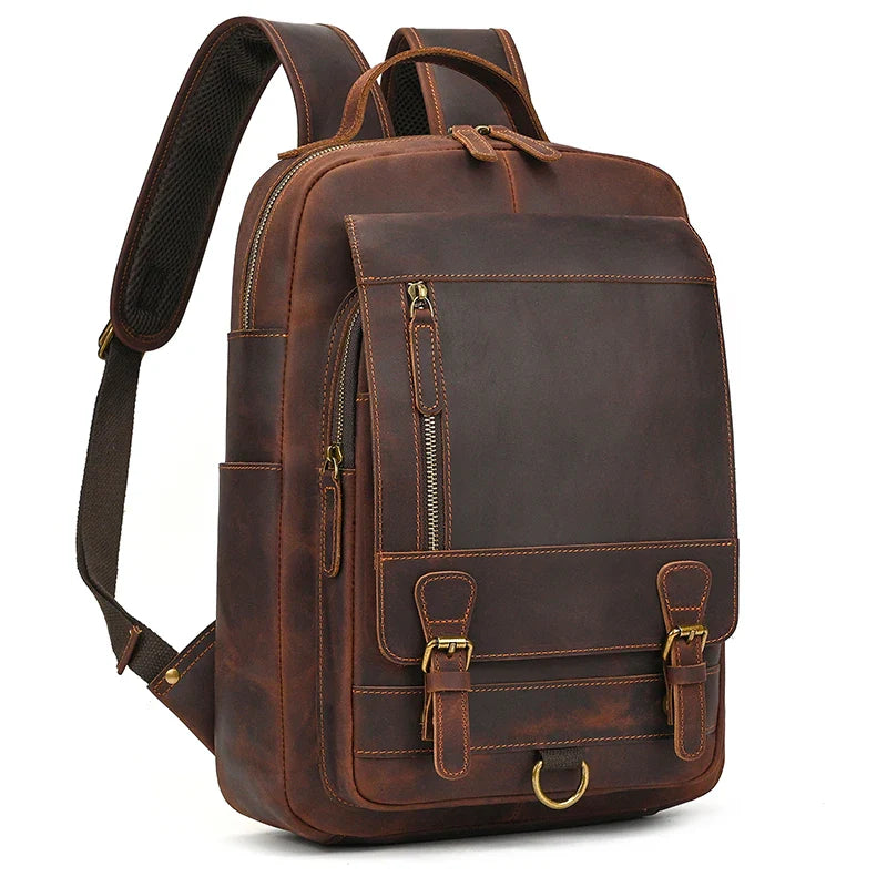 Men’s Genuine Crazy Horse Leather Backpack – Large Capacity with Laptop Compartment up to 18"
