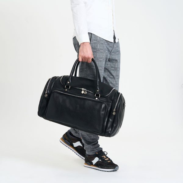 Praga Black Leather Travel Duffle Bag – Elegant and Spacious