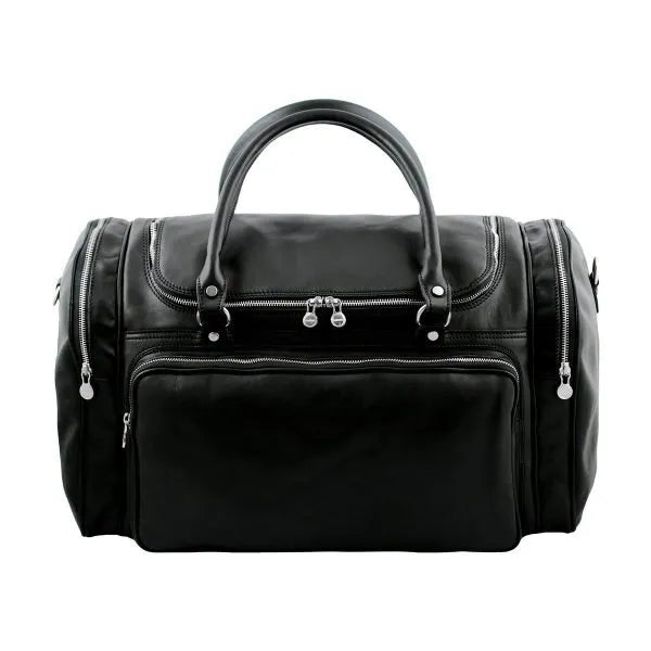 Praga Black Leather Travel Duffle Bag – Elegant and Spacious