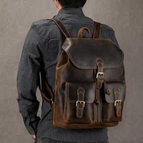 Men’s Vintage Crazy Horse Leather Backpack – Large Capacity for Travel, School & Daily Use