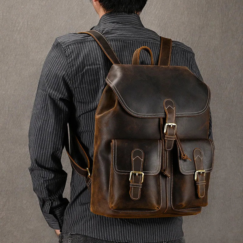 Men’s Vintage Crazy Horse Leather Backpack – Large Capacity for Travel, School & Daily Use