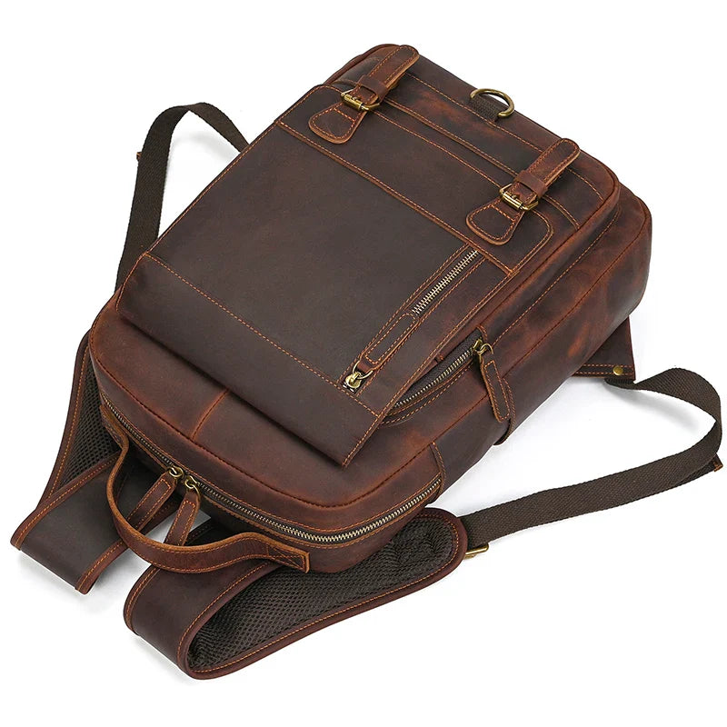 Men’s Genuine Crazy Horse Leather Backpack – Large Capacity with Laptop Compartment up to 18"