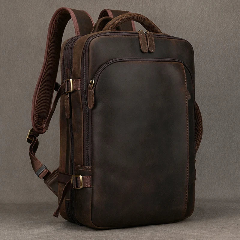 Vintage Crazy Horse Leather Backpack for Men – Large Capacity with 15.6" Laptop Compartment