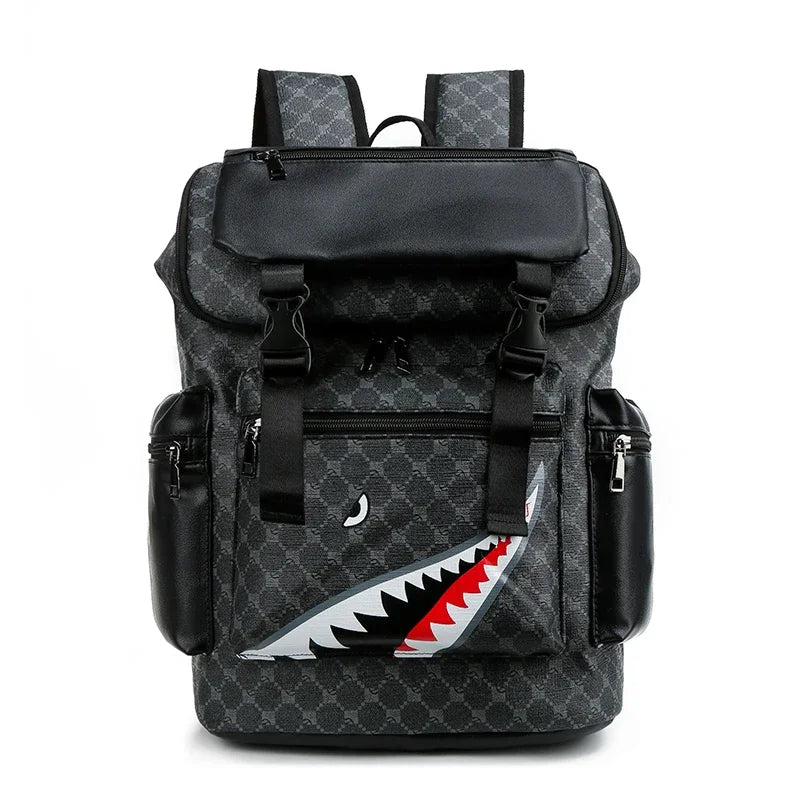 Men’s Leather Backpack with Shark-Inspired Design – Large Capacity for Students and Travelers