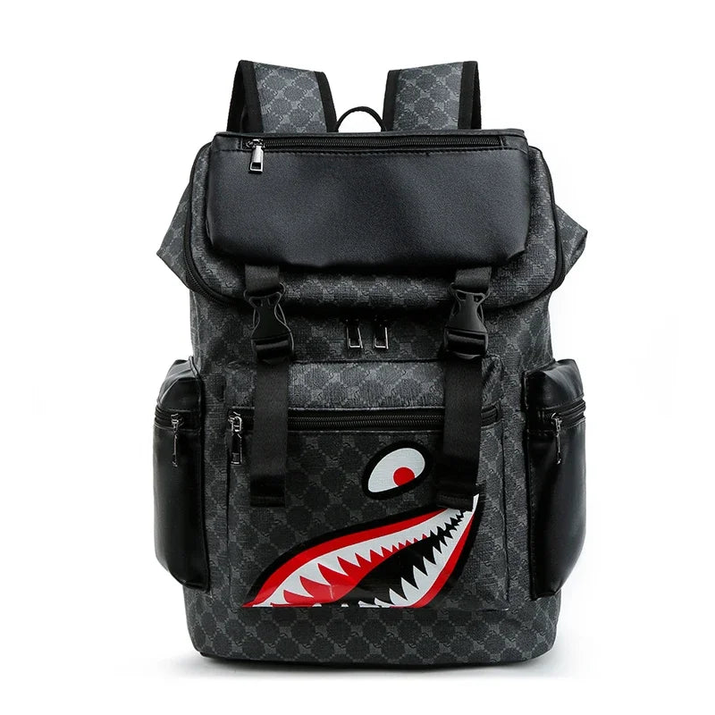Men’s Leather Backpack with Shark-Inspired Design – Large Capacity for Students and Travelers