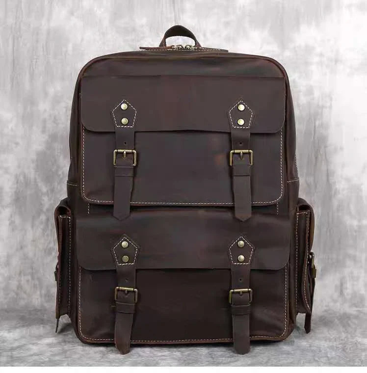 Vintage Men's Backpack in Genuine Crazy Horse Leather – Large Capacity with 17" Laptop Compartment