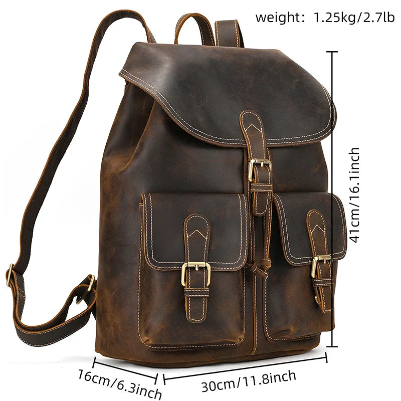 Men’s Vintage Crazy Horse Leather Backpack – Large Capacity for Travel, School & Daily Use