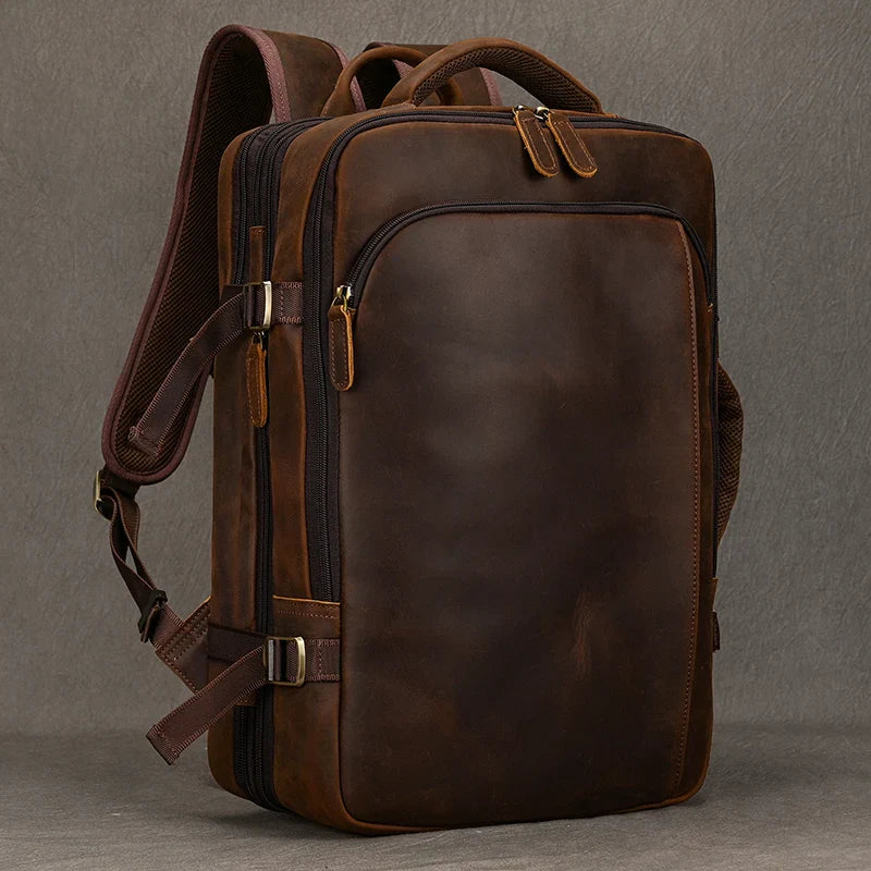 Vintage Crazy Horse Leather Backpack for Men – Large Capacity with 15.6" Laptop Compartment