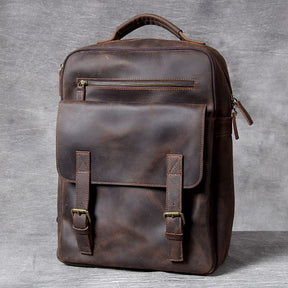 Vintage Men's Backpack in Genuine Crazy Horse Leather – Large Capacity with 17" Laptop Compartment