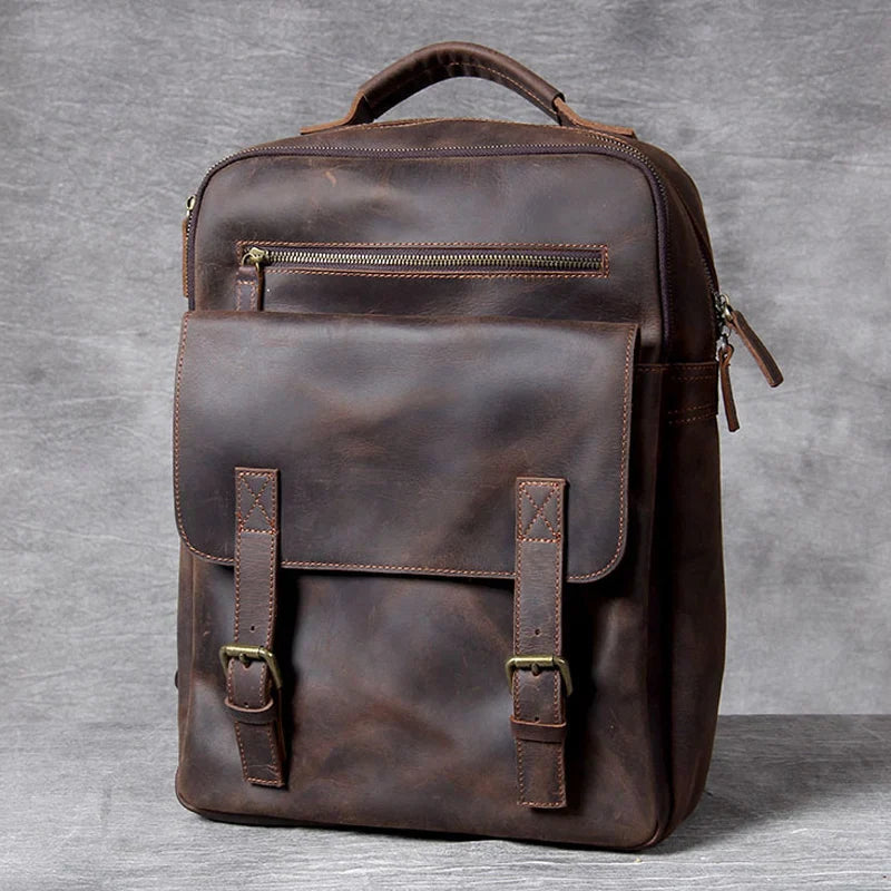 Vintage Men's Backpack in Genuine Crazy Horse Leather – Large Capacity with 17" Laptop Compartment