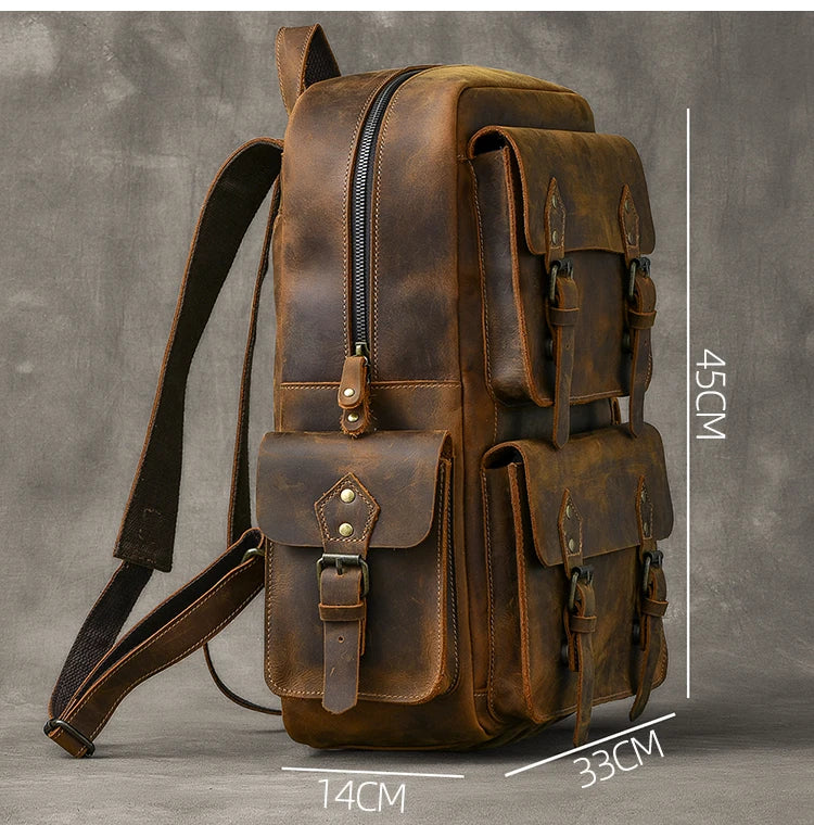 Vintage Men's Backpack in Genuine Crazy Horse Leather – Large Capacity with 17" Laptop Compartment