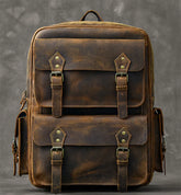 Vintage Men's Backpack in Genuine Crazy Horse Leather – Large Capacity with 17" Laptop Compartment