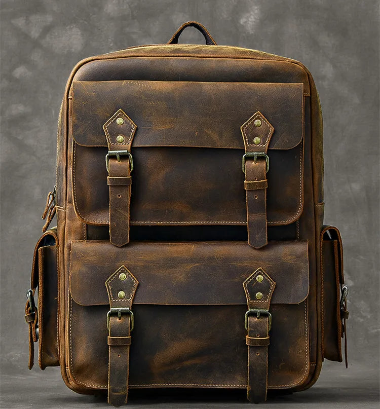 Vintage Men's Backpack in Genuine Crazy Horse Leather – Large Capacity with 17" Laptop Compartment