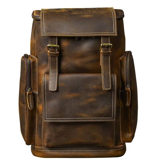 Vintage Crazy Horse Leather Backpack for Men – Large Capacity for Hiking and Climbing