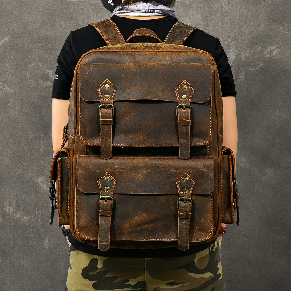 Vintage Men's Backpack in Genuine Crazy Horse Leather – Large Capacity with 17" Laptop Compartment
