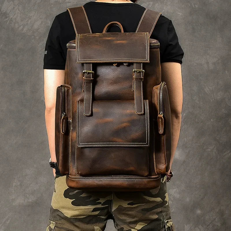 Vintage Crazy Horse Leather Backpack for Men – Large Capacity for Hiking and Climbing