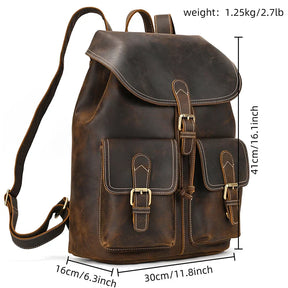 Men’s Vintage Crazy Horse Leather Backpack – Large Capacity for Travel, School & Daily Use