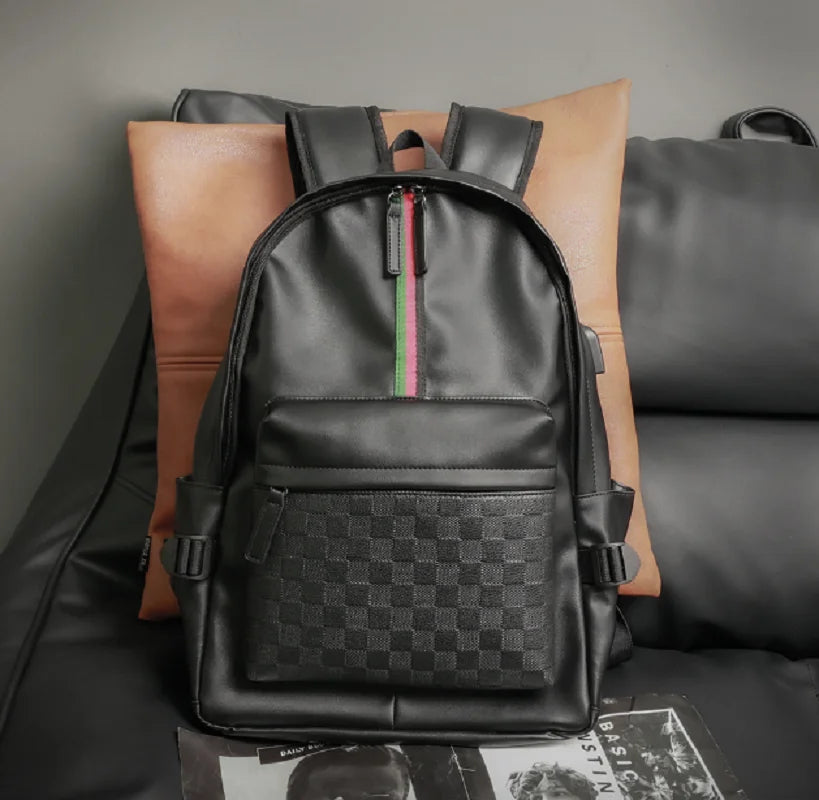 Plaid Design Leather Backpack – High-Quality, Large Capacity for School and Travel