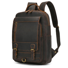 Men’s Genuine Crazy Horse Leather Backpack – Large Capacity with Laptop Compartment up to 18"