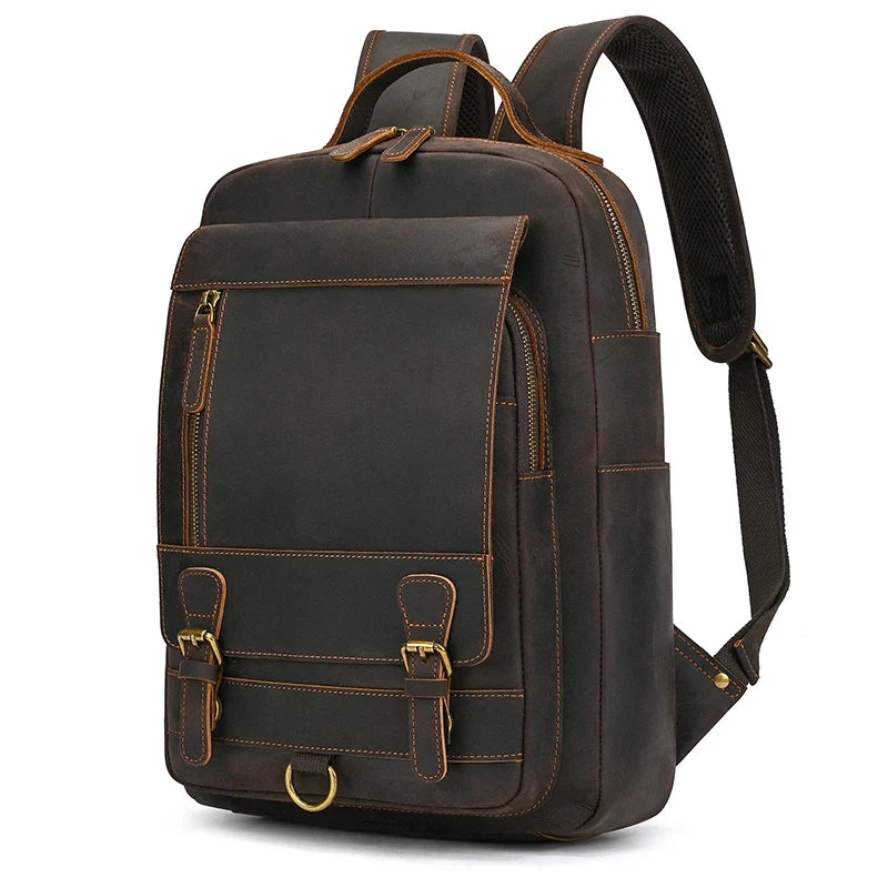 Men’s Genuine Crazy Horse Leather Backpack – Large Capacity with Laptop Compartment up to 18"