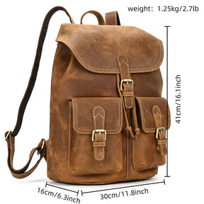 Men’s Vintage Crazy Horse Leather Backpack – Large Capacity for Travel, School & Daily Use