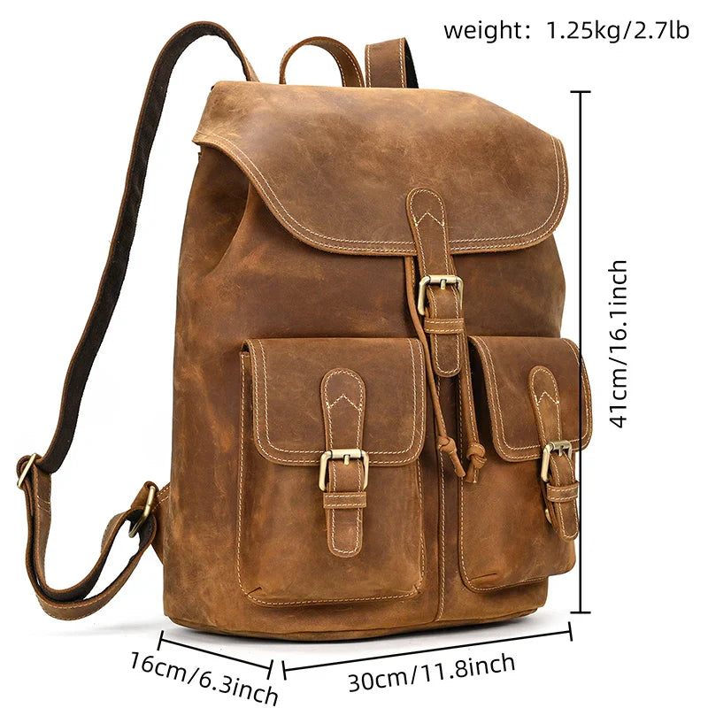Men’s Vintage Crazy Horse Leather Backpack – Large Capacity for Travel, School & Daily Use