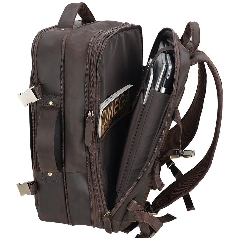 Vintage Crazy Horse Leather Backpack for Men – Large Capacity with 15.6" Laptop Compartment