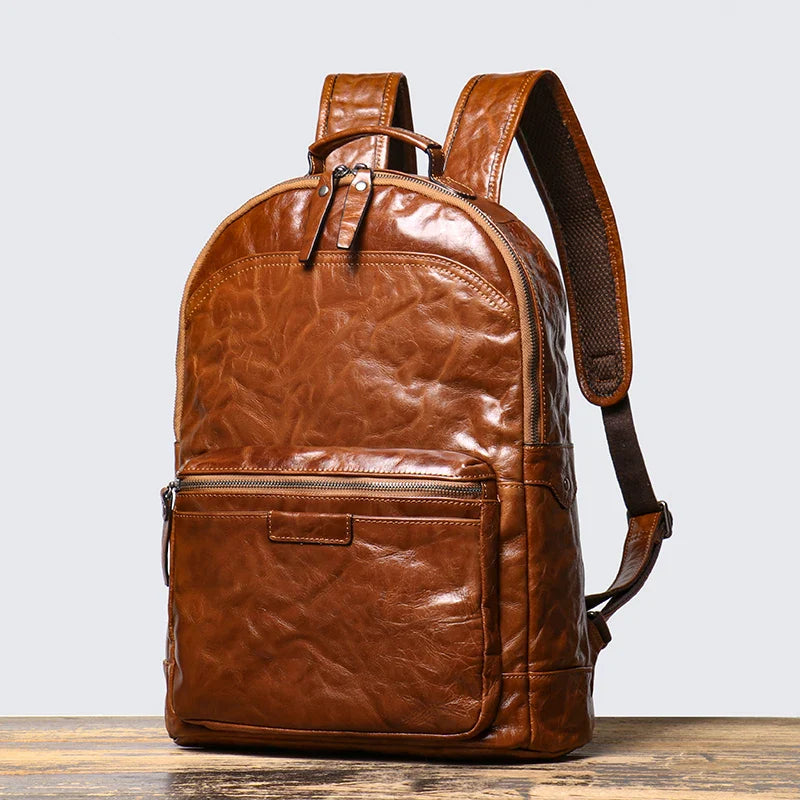 Men’s Genuine Cowhide Leather Backpack – Large Capacity, Multifunctional for Business and Travel