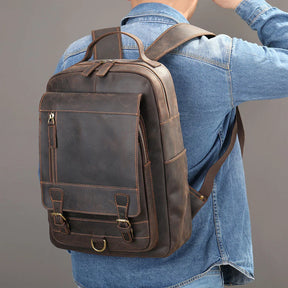 Men’s Genuine Crazy Horse Leather Backpack – Large Capacity with Laptop Compartment up to 18"
