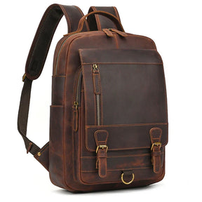 Men’s Genuine Crazy Horse Leather Backpack – Large Capacity with Laptop Compartment up to 18"