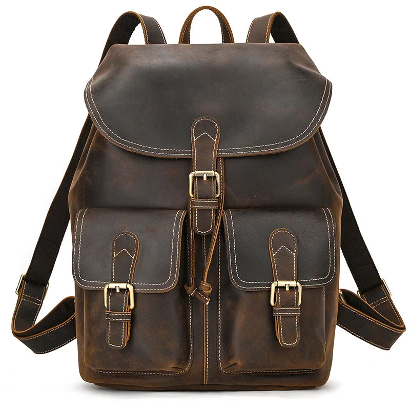 Men’s Vintage Crazy Horse Leather Backpack – Large Capacity for Travel, School & Daily Use