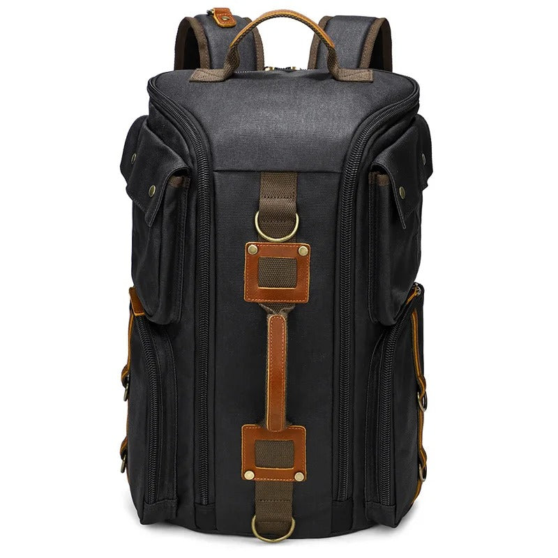 Vintage Men's Backpack in Leather and Waxed Canvas – Fits 16" Laptop, Ideal for Travel and School
