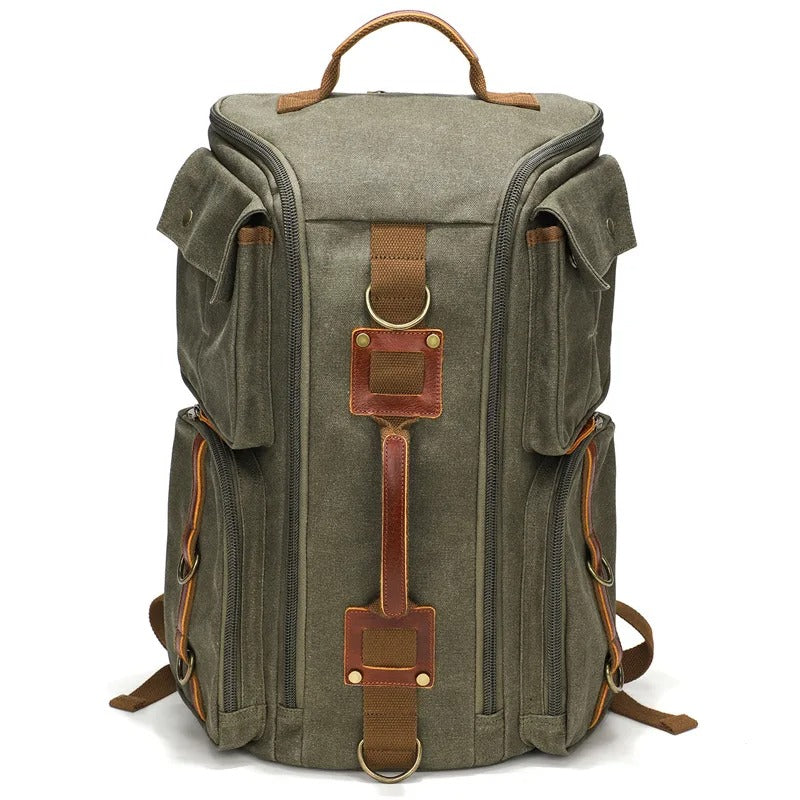 Vintage Men's Backpack in Leather and Waxed Canvas – Fits 16" Laptop, Ideal for Travel and School